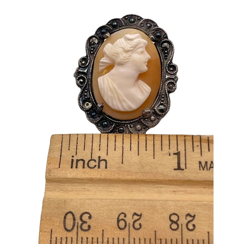 VINTAGE STERLING SILVER MARCASITE AND CARVED SHELL WOMAN CAMEO PIN BROOCH ‎ READ - Picture 8 of 9